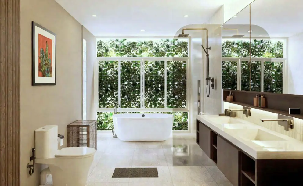 Luxury Bathroom with Courtyard View Window