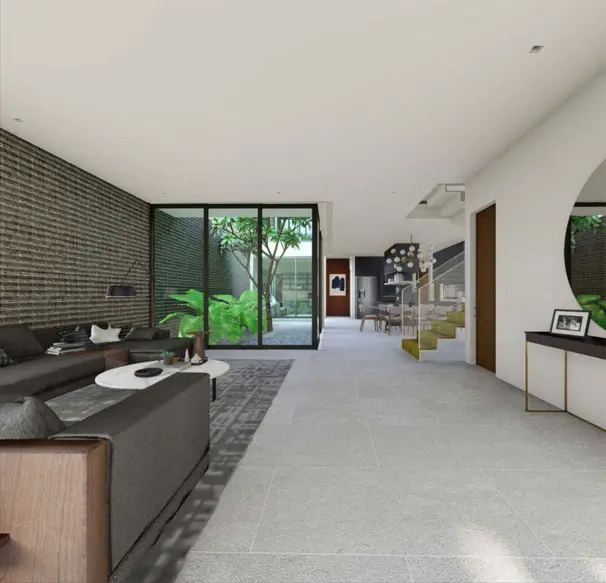 Spacious Living Room Opening to Courtyard Layout