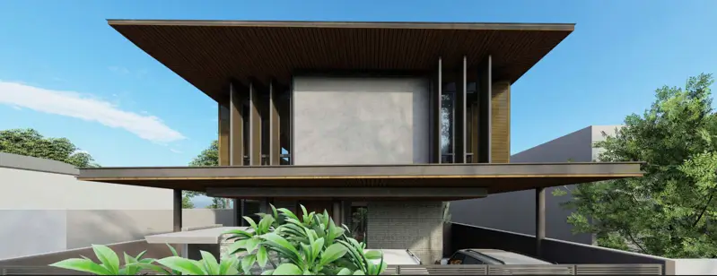 Close up View of Layered Screen Façade and Tree Canopy